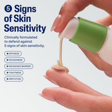 Green-capped lotion container pouring onto hand; infographic about skin sensitivity