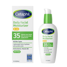 Cetaphil Daily Facial Moisturizer lotion bottle with green pump and SPF 35 label