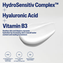 Cream dollop with HydroSensitiv Complex label showing hyaluronic acid and Vitamin B3