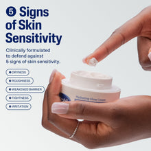 Moisturizer face cream jar held in hand with blue lid and Hydrating Glow Cream label