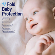 Infant close-up with Fold Baby Protection icons and gentle skincare text