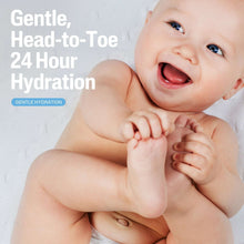 Baby skincare hydration promo with gentle head-to-toe text and smiling baby