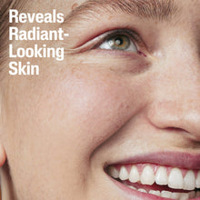 Smiling face close-up with cleanser message for radiant-looking skin