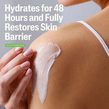 White moisturizing cream being applied to skin on arm with fingers