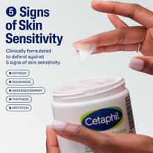 Cetaphil moisturizing cream jar with applied cream, '5 signs of skin sensitivity' graphic