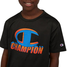 Boys black active top with Champion logo graphic and small sleeve patch