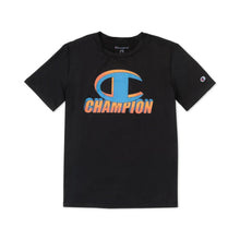 Boys black active top with Champion logo, short sleeves, small sleeve patch