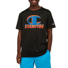 Boys black active top with crew neck, short sleeves, Champion logo on chest