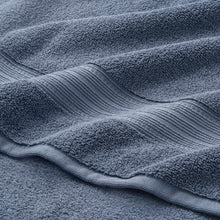 Blue bath towel set, close-up of plush terry texture and folded seam