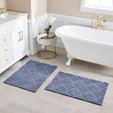 Blue trellis bath rug set of 2 with textured low-pile pattern