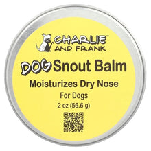 Dog snout balm tin with yellow label and silver lid, 2 oz size