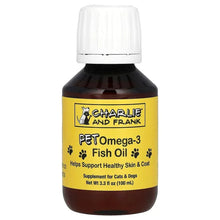 Charlie and Frank Pet Omega-3 fish oil bottle, dark amber liquid, front label