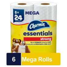 Charmin Essentials soft toilet paper Mega roll pack with 6 count on label