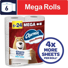 Charmin Ultra Strong 6 Mega Rolls multipack with blue badge and white tissue rolls