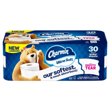 Charmin Ultra Soft bath tissue pack with 30 rolls, blue package and teddy bear graphic