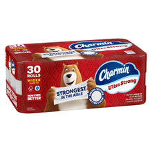 Charmin Ultra Strong bath tissue pack, 30 rolls wider sheets text on red packaging.