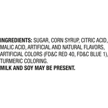 Ingredients label for candy pops listing sugar, corn syrup, acids, and flavors