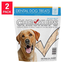 Dental dog treat bag labeled CheckUps, 2-pack, 24 count, for 20+ pounds