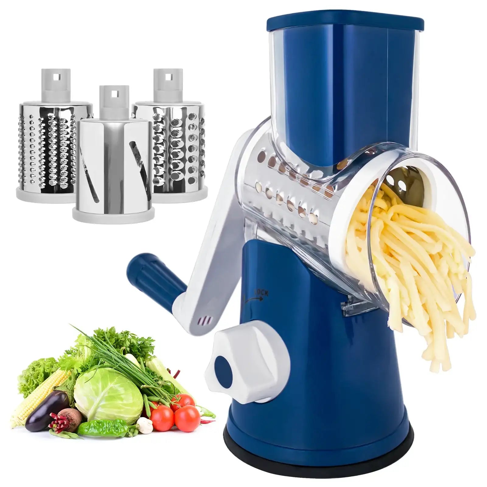3 in 1 Cheese Grater Rotary, Cheese Shredder Grater for Kitchen Grater Slicer with 3 Replacement Blades, Potato Slicer Vegetable Chopper with Suction Base