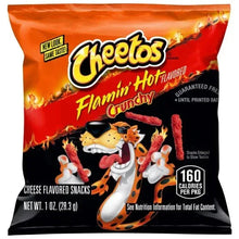 Flamin' Hot crunchy cheese snack bag, orange-red and black front with Cheetos logo