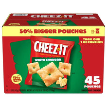 Cheez-It baked snack cracker box with 45 pouches, white cheddar, red packaging