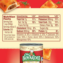 Nutrition facts panel above Chef Boyardee can with mini ravioli image