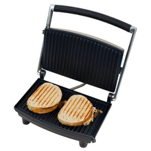 Indoor panini press sandwich maker with black ridged grill plates and silver frame