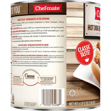 Chef-mate hot dog chili sauce can back label with heating and storage instructions