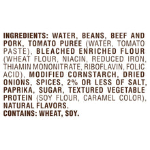 Ingredients label for hot dog chili sauce with meat, text on the can