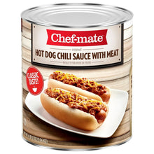 Chef-mate hot dog chili sauce with meat can, red label and hot dog photo