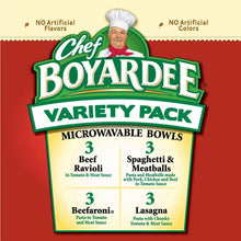 Microwavable bowls variety pack label showing 3 beef ravioli and 3 lasagna