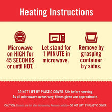 Heating instructions panel with microwave timing and do-not-lift advice
