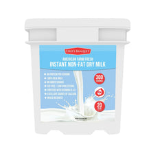 Instant nonfat dry milk tub, white container with blue label and 300 servings icon