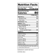 Nutrition Facts panel: 300 servings per container, calories and ingredients for dry milk