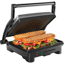3-in-1 panini press and grill with open lid, stacked sandwiches on ridged plates