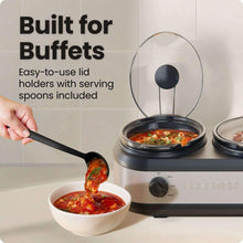 Triple slow cooker with lid and spoon holders and ladle serving from a crock