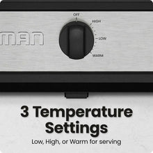 Slow cooker control knob with off, high, low, and warm settings on panel.