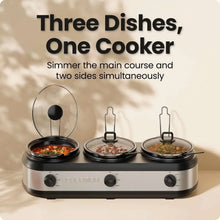 Triple slow cooker with three round crocks and glass lids on stainless base