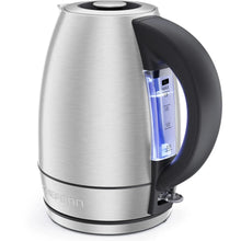 Electric kettle with brushed stainless-steel body, black handle, and water level window