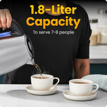 Electric kettle pouring hot water from a stainless-steel spout, 1.8-liter capacity