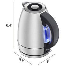 Electric kettle with stainless-steel body, black handle, and top control knob