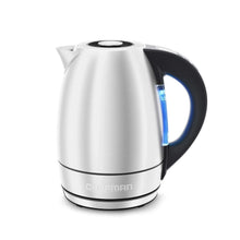 Electric kettle with white body, black handle, and domed top lid