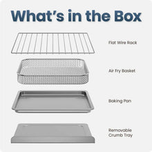 Toaster oven air fryer accessories: flat wire rack, air fry basket, baking pan, crumb tray