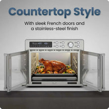 Stainless steel French-door toaster oven air fryer with open doors and cooking chamber