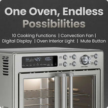 Stainless steel French-door toaster oven air fryer with digital display and control knobs