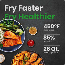 Air fryer toaster oven feature graphic: 450°F max temp, 85% less oil, 26 qt capacity