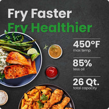Chefman air fryer toaster oven paired with chicken, potatoes, and asparagus for cooking