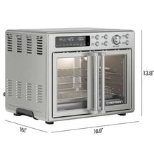 Chefman stainless steel toaster oven air fryer with French doors, side venting, and control panel