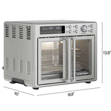 Stainless steel French-door toaster oven air fryer with side dimensions 16.9 in and 13.8 in