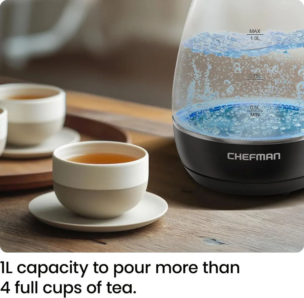 Chefman 1L Electric Glass Kettle w/ LED Indicator Light, Automatic Shutoff - Black - USA MEGA SHOP